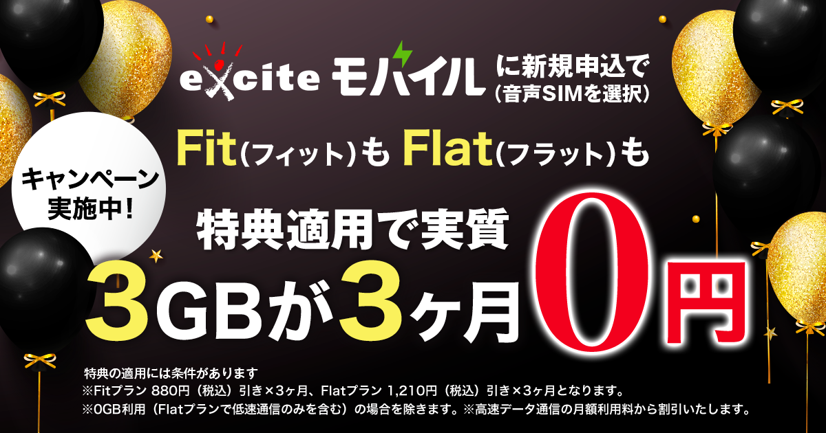 Fit（フィット）もFlat（フラット）も　3GBが3ヶ月（実質）「0円」キャンペーン<